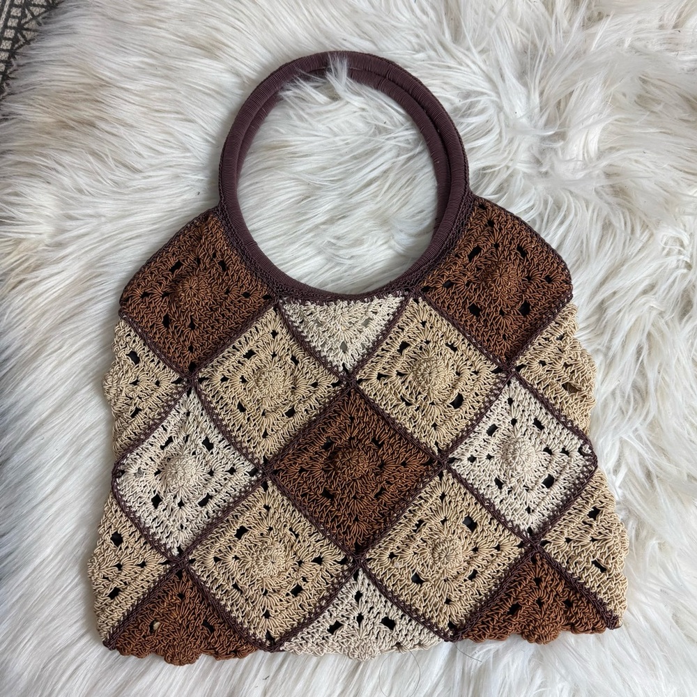 Vintage crochet handbag purse, Vtg 70s‎ brown diamond pattern summer vacation
